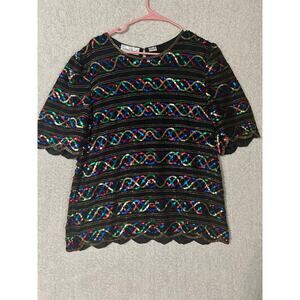 LAURENCE KAZAR Women's Blouse Short Sleeve Sequin Embellished 100% Silk.Size 1X